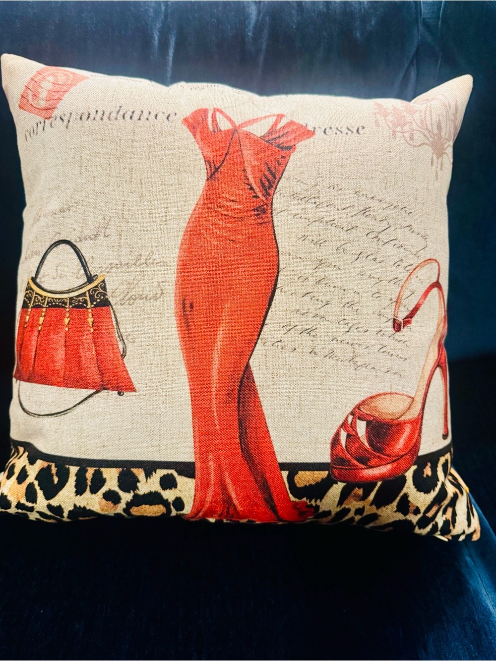 Pillow with Red Dress Fashion Illustration Accents